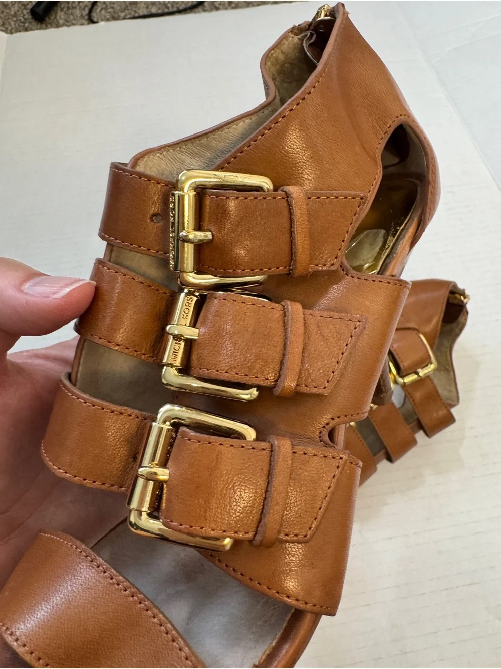 Michael Kors Tan Leather Strappy Buckle Kitten Heels Womens 6.5 Y2K Dressy